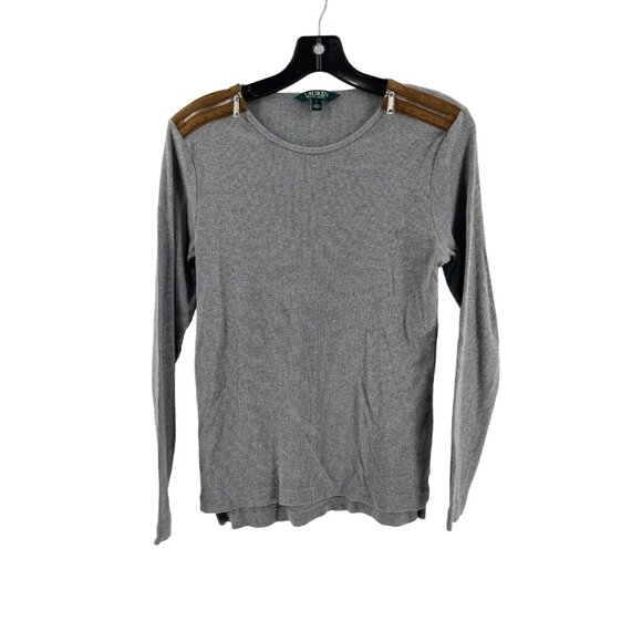 Lauren Ralph Lauren Gray Knit Top Shirt Suede Zipper Shoulders Size Large - Picture 2 of 11